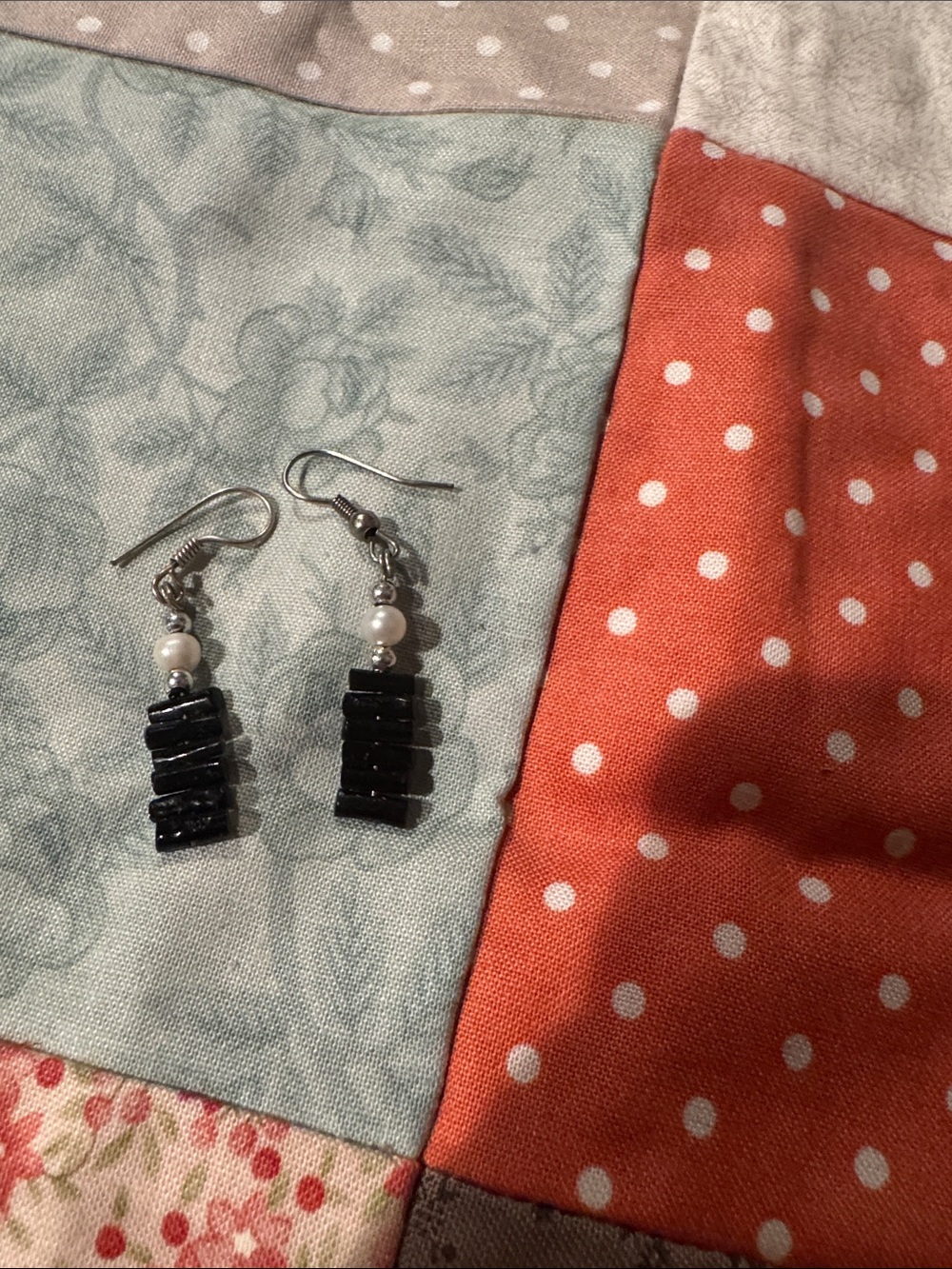 Source Unknown Black Bead and Pearl Stack Drop Earrings